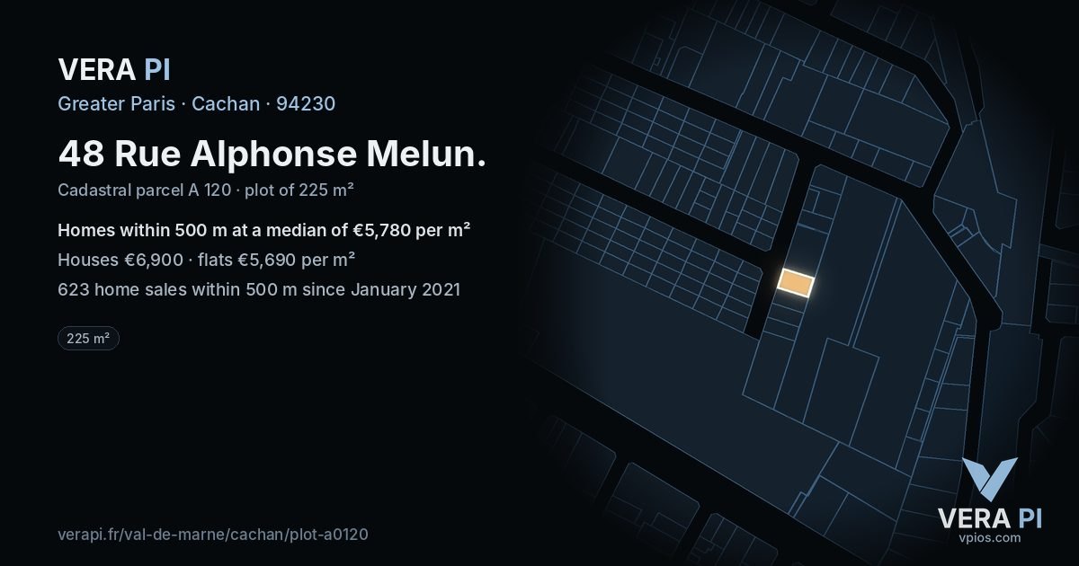 48 Rue Alphonse Melun, Cachan at night – the plot lit, the parcels around coloured by the prices near them
