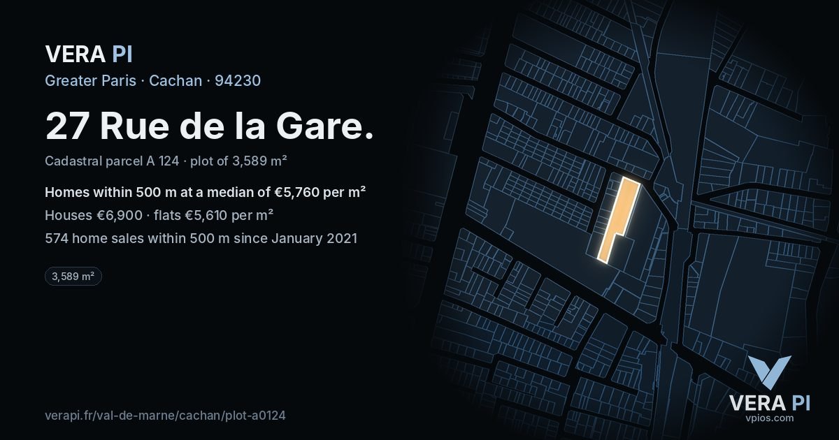 27 Rue de la Gare, Cachan at night – the plot lit, the parcels around coloured by the prices near them