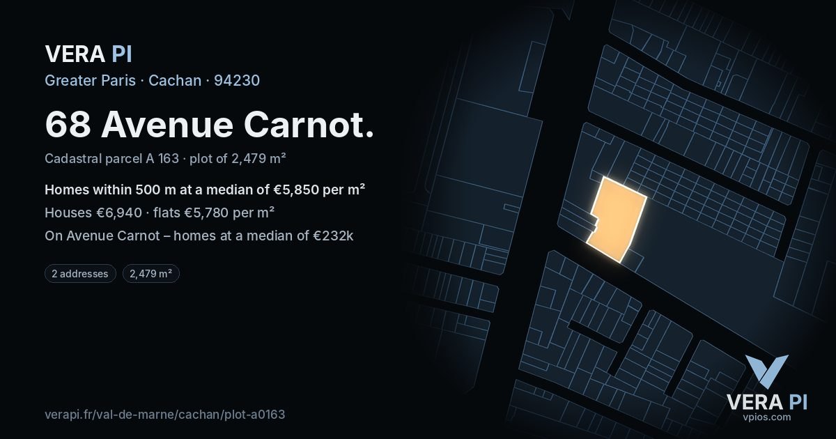 68 Avenue Carnot, Cachan at night – the plot lit, the parcels around coloured by the prices near them