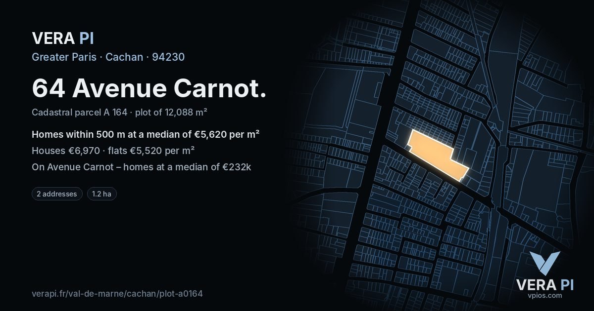 64 Avenue Carnot, Cachan at night – the plot lit, the parcels around coloured by the prices near them