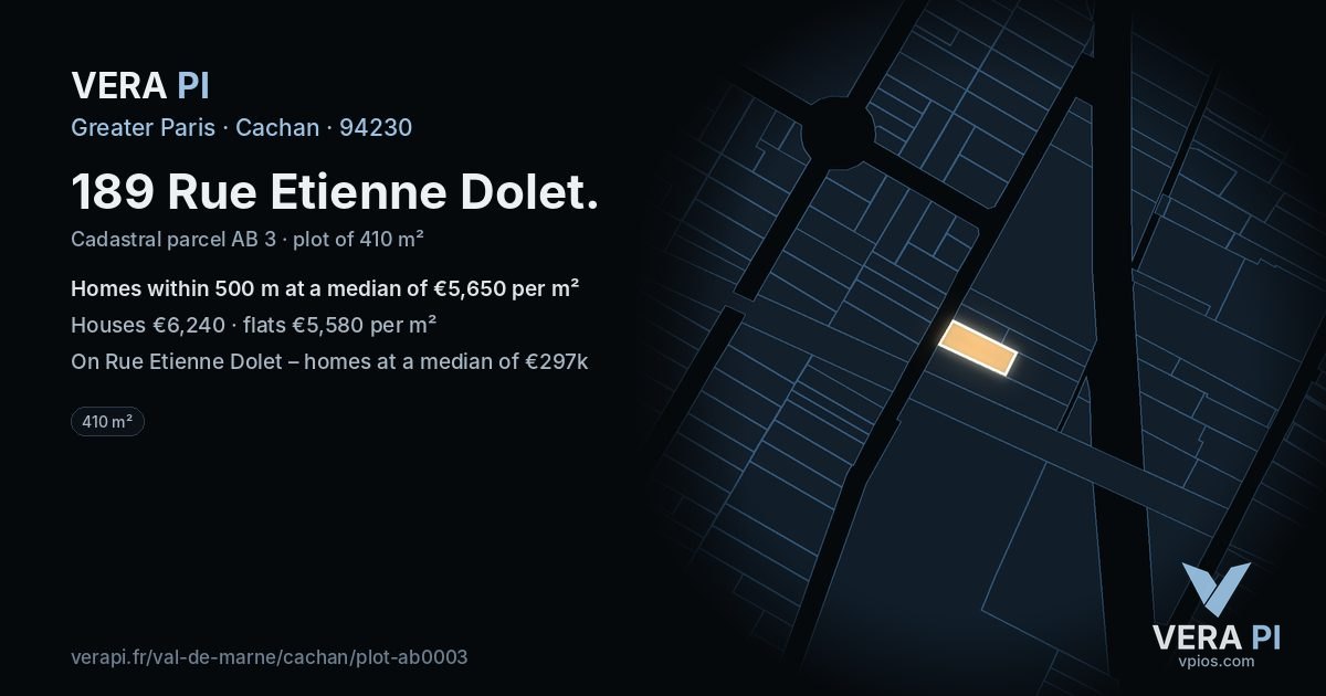 189 Rue Etienne Dolet, Cachan at night – the plot lit, the parcels around coloured by the prices near them