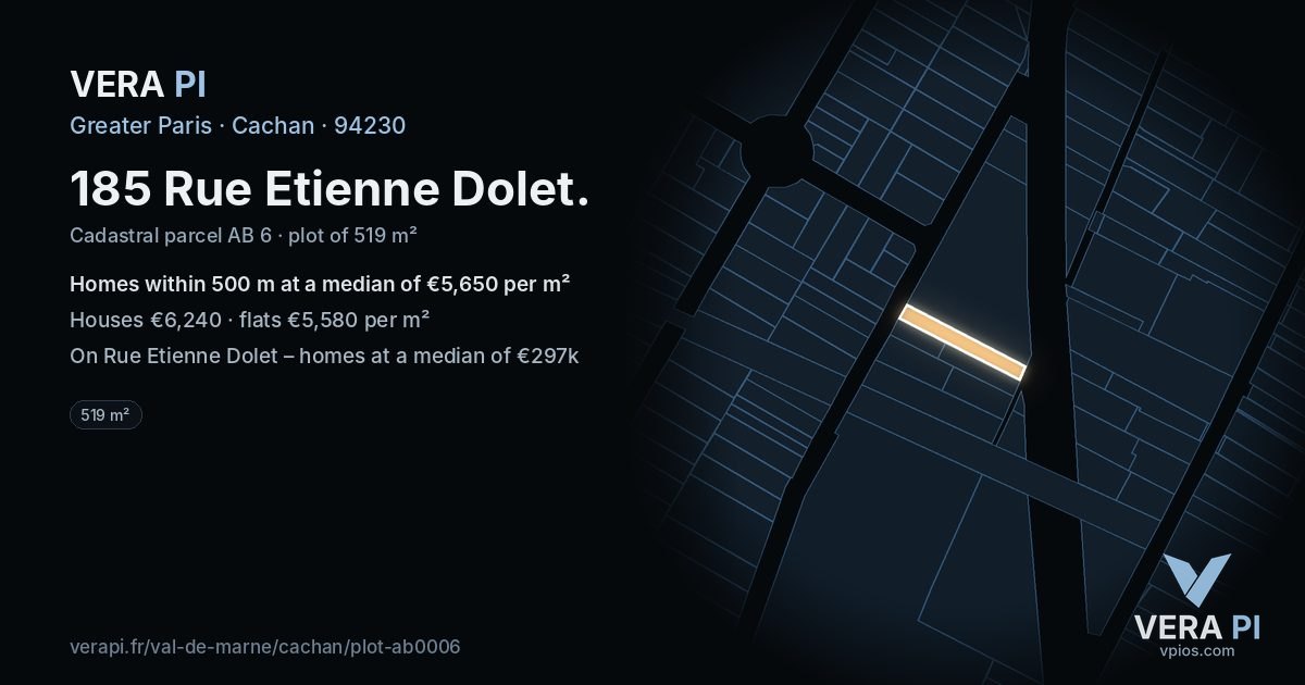 185 Rue Etienne Dolet, Cachan at night – the plot lit, the parcels around coloured by the prices near them