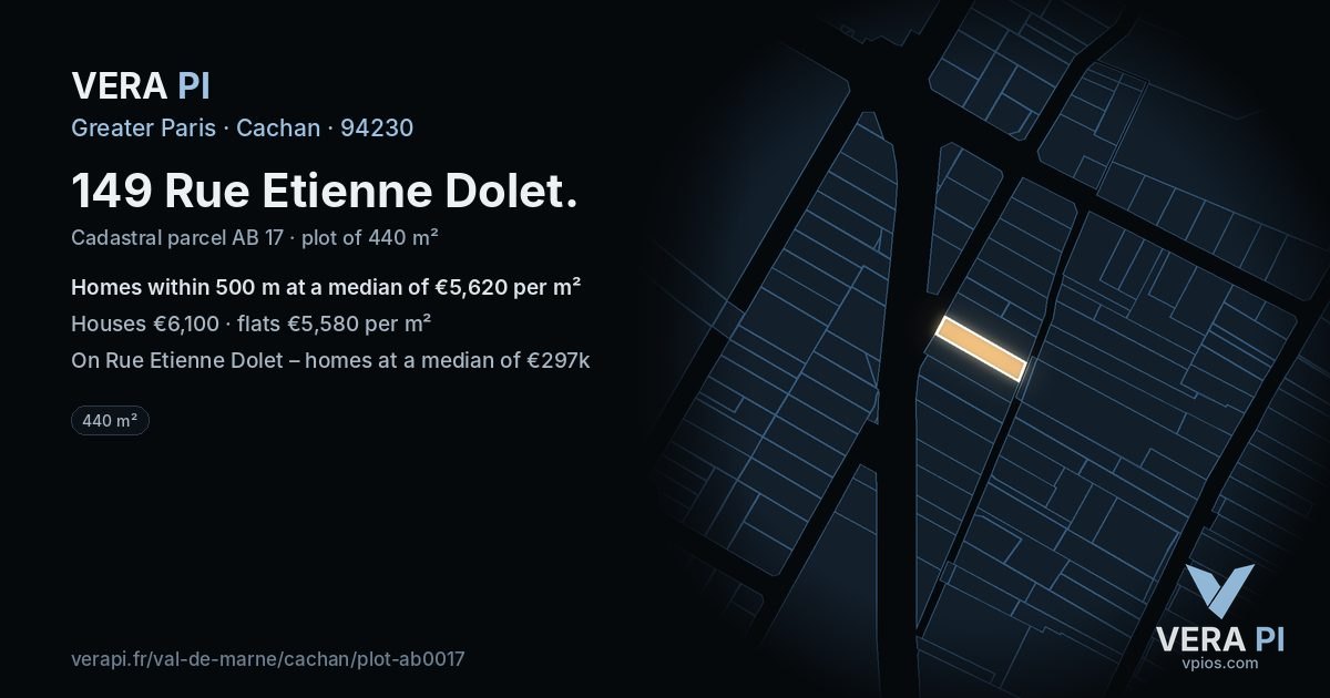 149 Rue Etienne Dolet, Cachan at night – the plot lit, the parcels around coloured by the prices near them