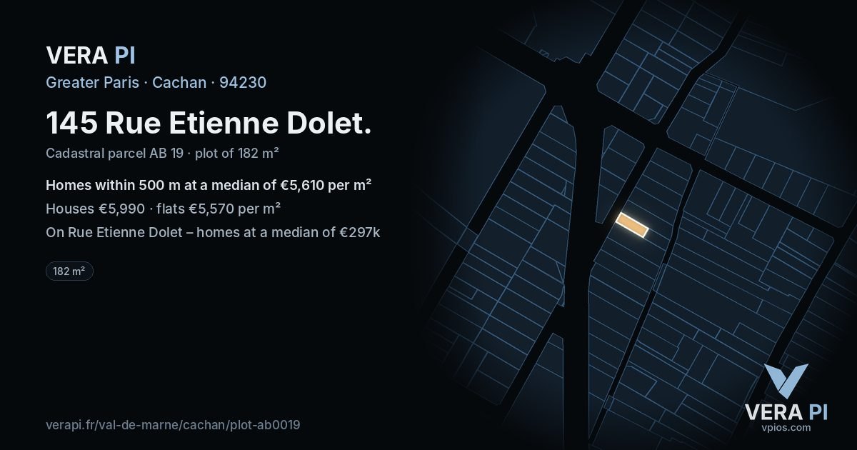 145 Rue Etienne Dolet, Cachan at night – the plot lit, the parcels around coloured by the prices near them