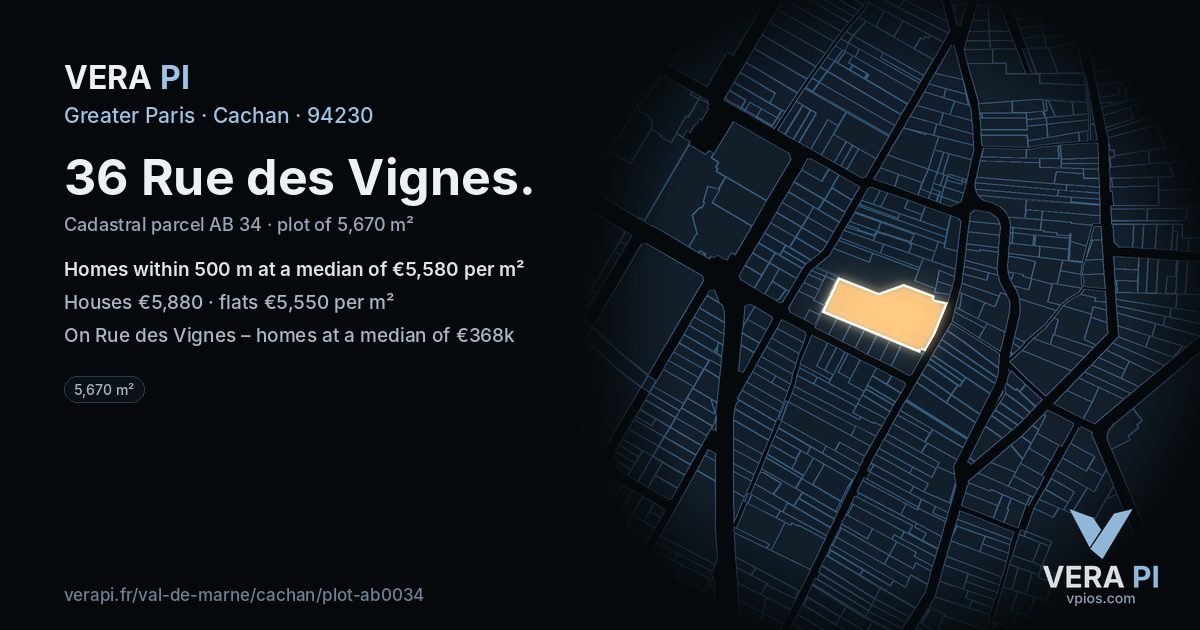 36 Rue des Vignes, Cachan at night – the plot lit, the parcels around coloured by the prices near them
