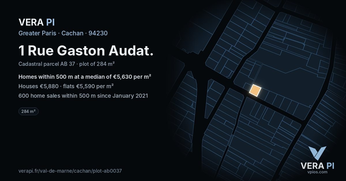 1 Rue Gaston Audat, Cachan at night – the plot lit, the parcels around coloured by the prices near them