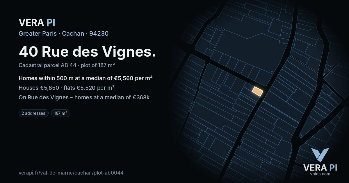 40 Rue des Vignes, Cachan at night – the plot lit, the parcels around coloured by the prices near them