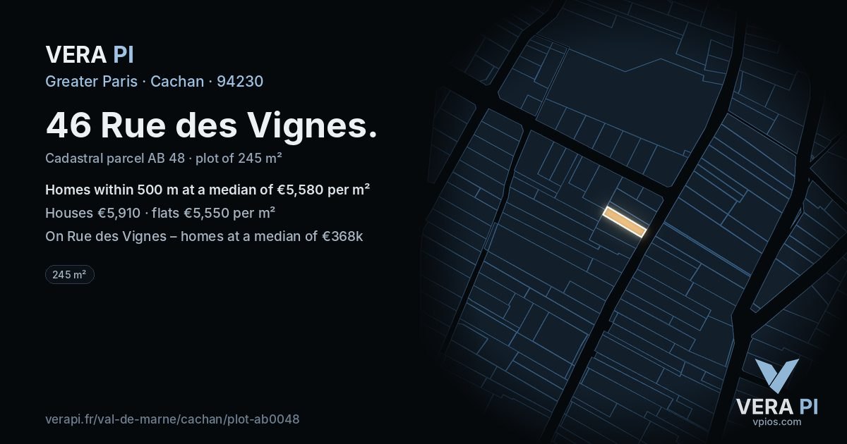46 Rue des Vignes, Cachan at night – the plot lit, the parcels around coloured by the prices near them
