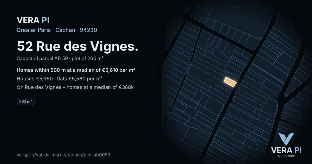 52 Rue des Vignes, Cachan at night – the plot lit, the parcels around coloured by the prices near them
