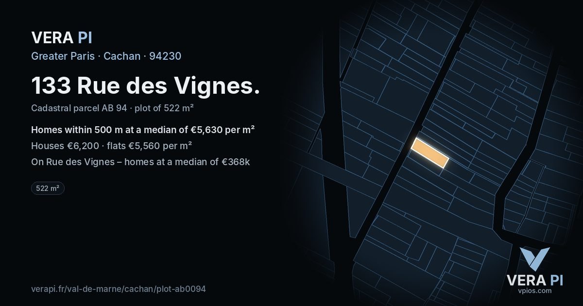 133 Rue des Vignes, Cachan at night – the plot lit, the parcels around coloured by the prices near them