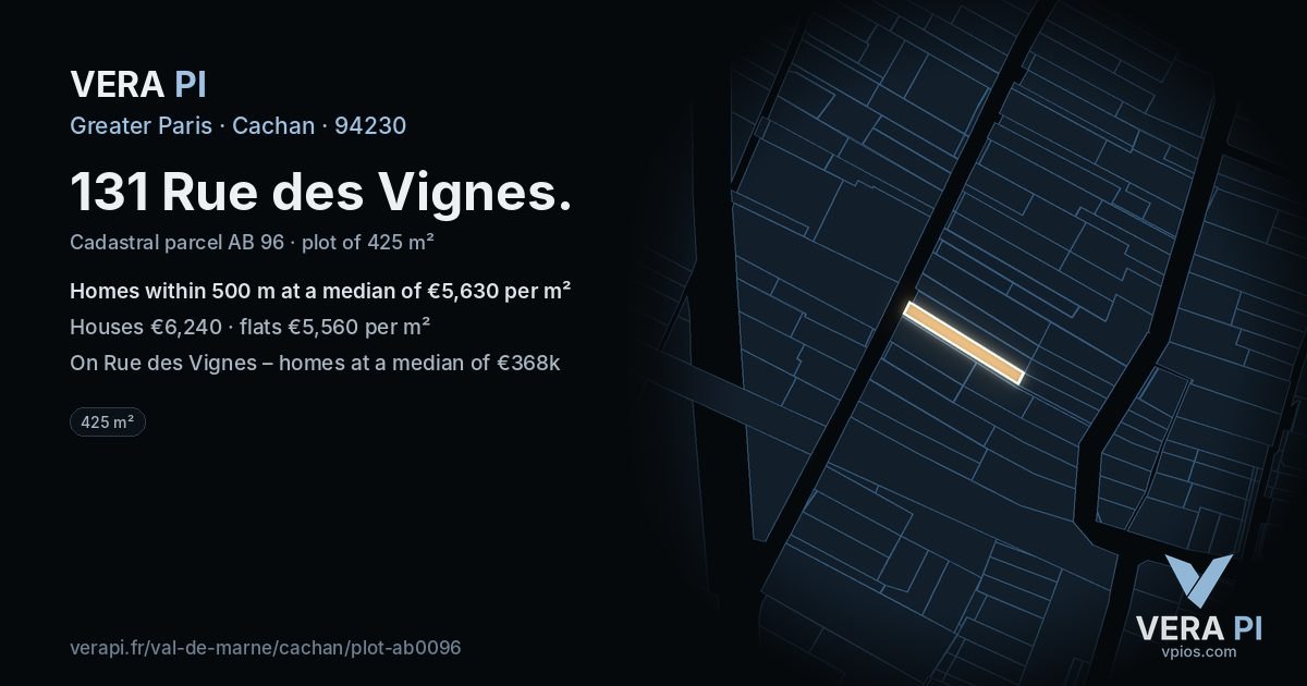 131 Rue des Vignes, Cachan at night – the plot lit, the parcels around coloured by the prices near them