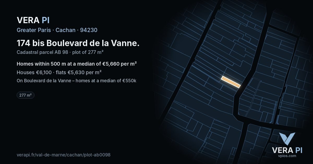 174 bis Boulevard de la Vanne, Cachan at night – the plot lit, the parcels around coloured by the prices near them