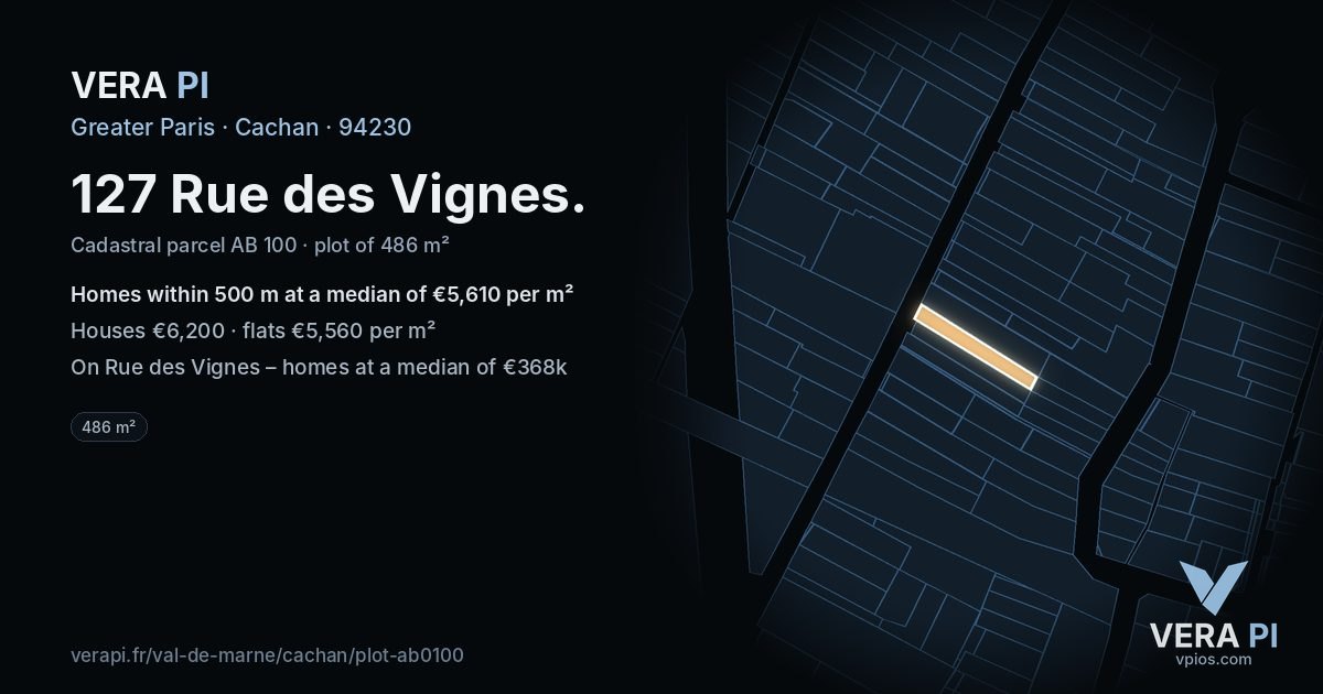 127 Rue des Vignes, Cachan at night – the plot lit, the parcels around coloured by the prices near them