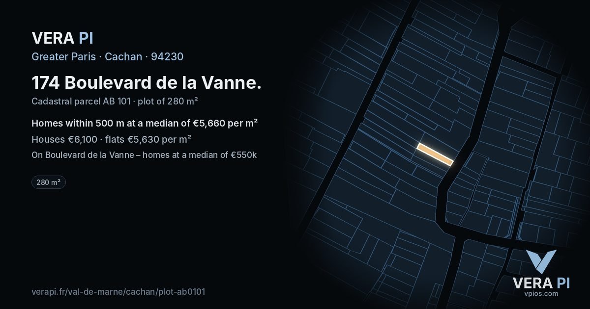 174 Boulevard de la Vanne, Cachan at night – the plot lit, the parcels around coloured by the prices near them