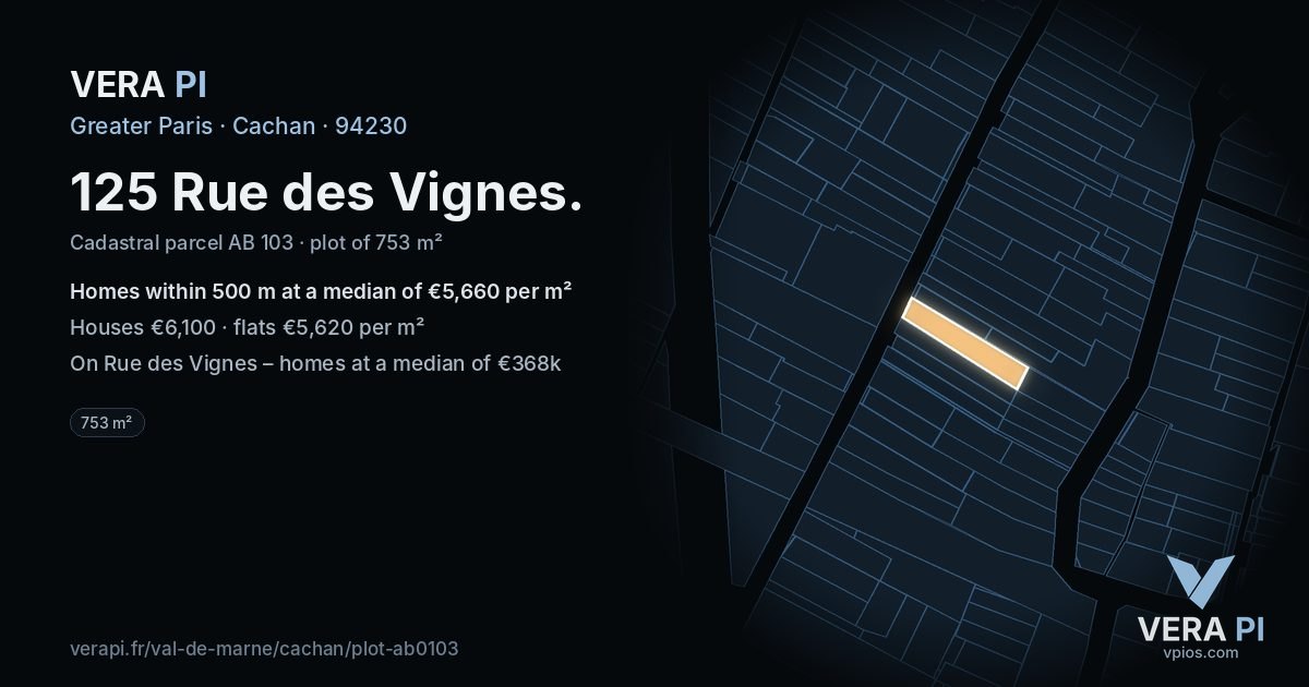 125 Rue des Vignes, Cachan at night – the plot lit, the parcels around coloured by the prices near them