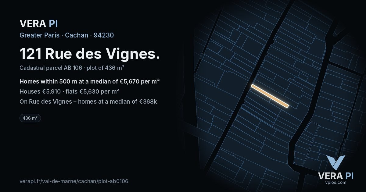 121 Rue des Vignes, Cachan at night – the plot lit, the parcels around coloured by the prices near them