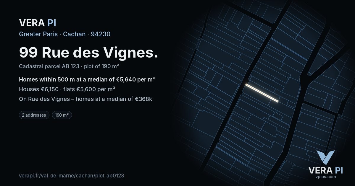 99 Rue des Vignes, Cachan at night – the plot lit, the parcels around coloured by the prices near them
