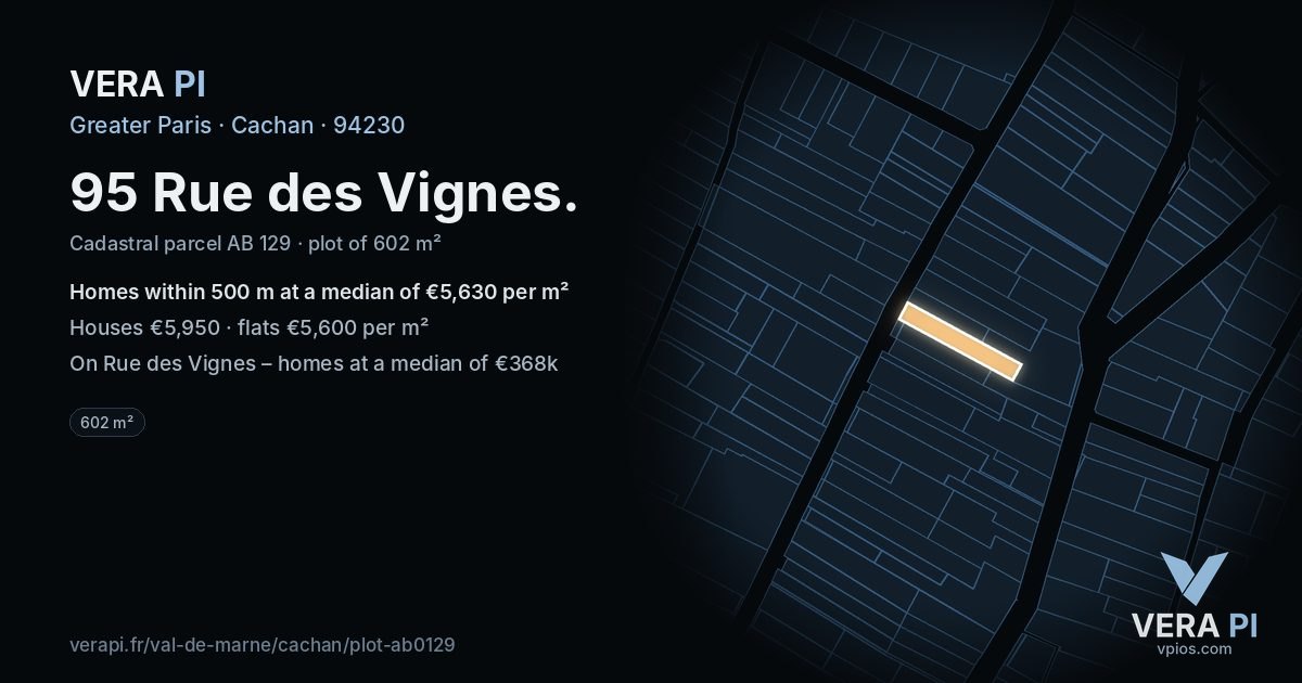 95 Rue des Vignes, Cachan at night – the plot lit, the parcels around coloured by the prices near them