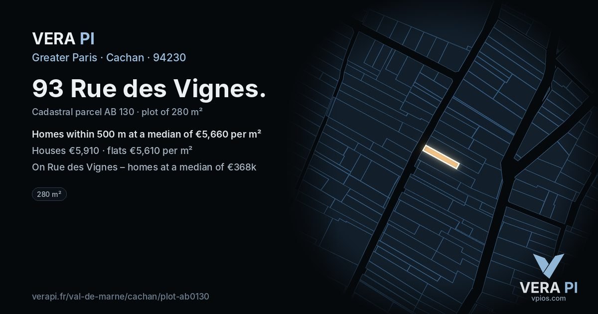 93 Rue des Vignes, Cachan at night – the plot lit, the parcels around coloured by the prices near them