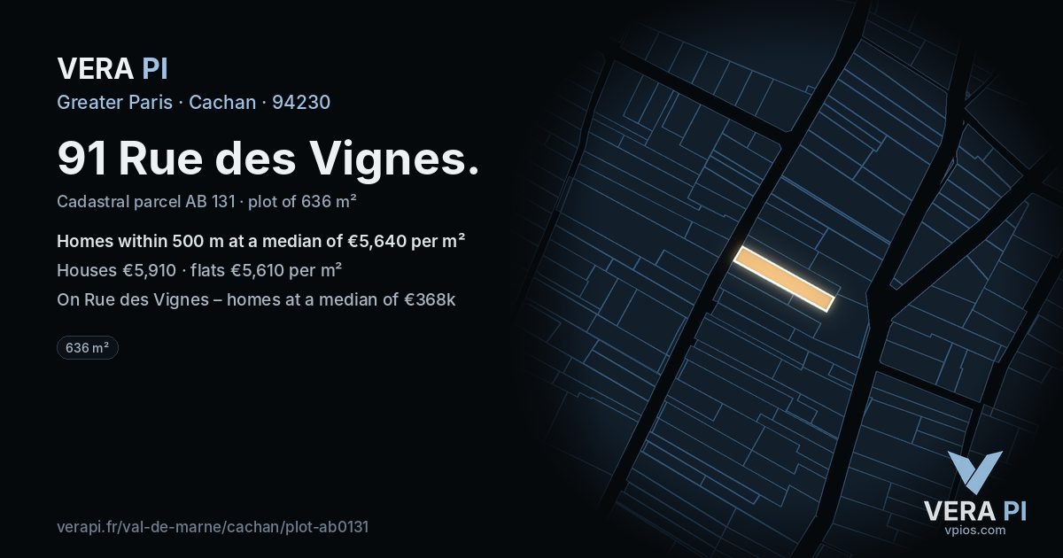 91 Rue des Vignes, Cachan at night – the plot lit, the parcels around coloured by the prices near them