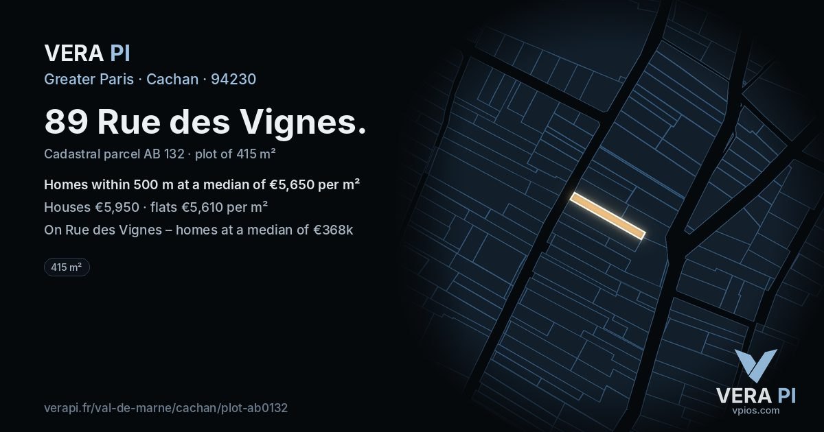 89 Rue des Vignes, Cachan at night – the plot lit, the parcels around coloured by the prices near them