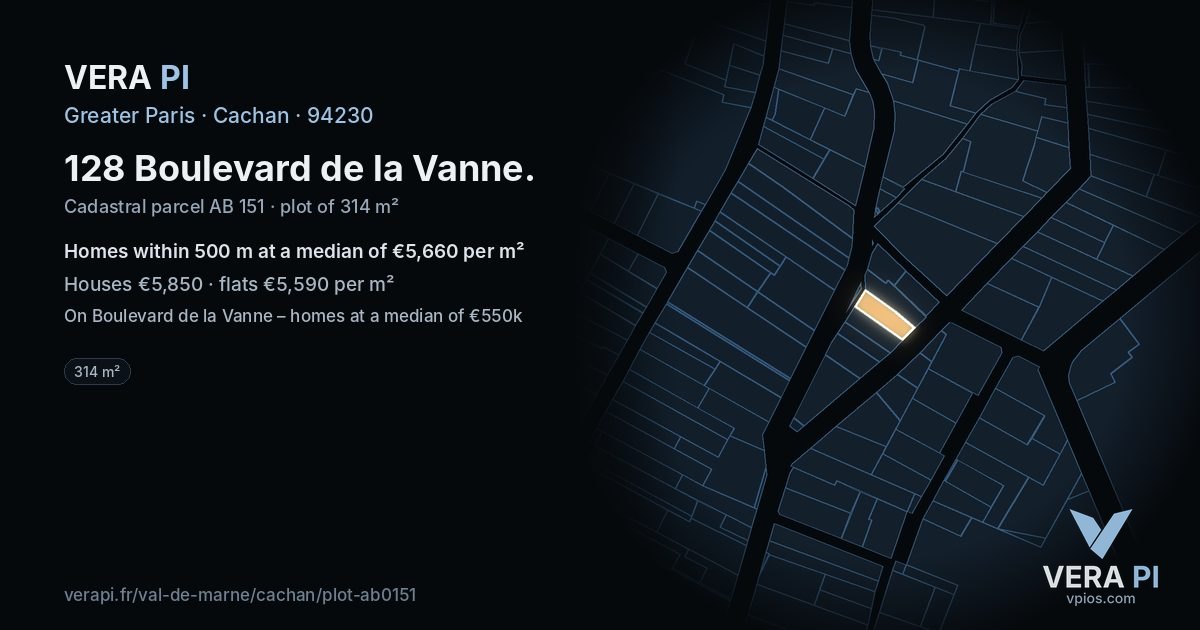 128 Boulevard de la Vanne, Cachan at night – the plot lit, the parcels around coloured by the prices near them