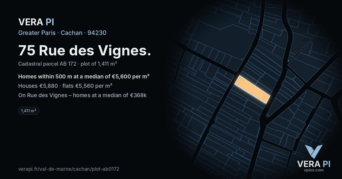 75 Rue des Vignes, Cachan at night – the plot lit, the parcels around coloured by the prices near them
