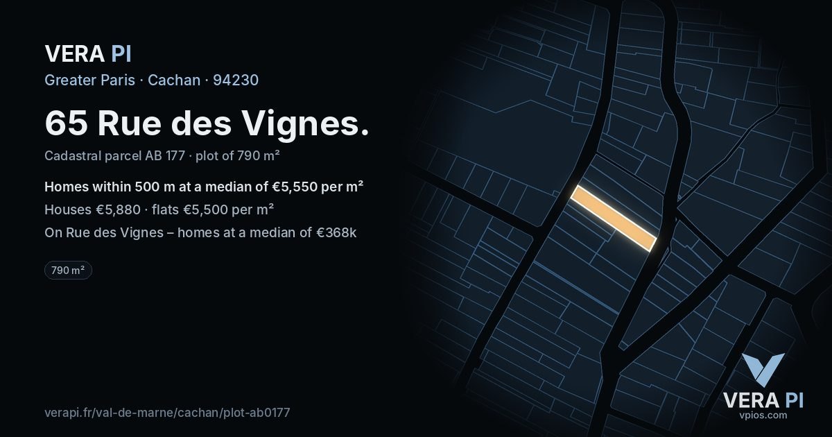 65 Rue des Vignes, Cachan at night – the plot lit, the parcels around coloured by the prices near them