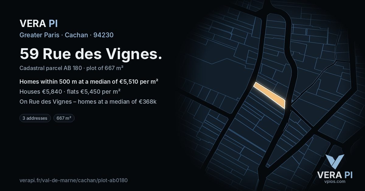 59 Rue des Vignes, Cachan at night – the plot lit, the parcels around coloured by the prices near them