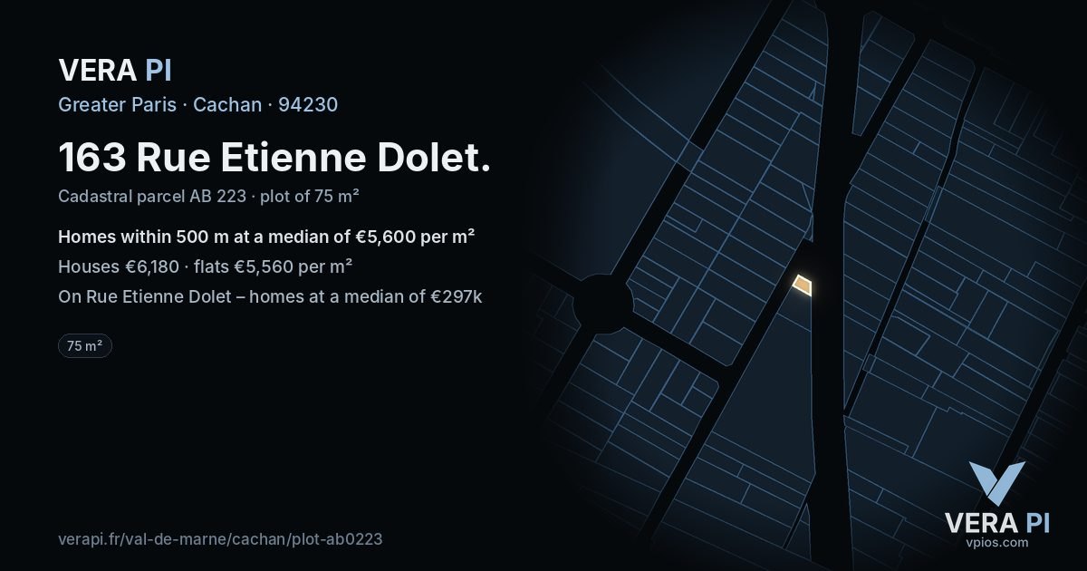 163 Rue Etienne Dolet, Cachan at night – the plot lit, the parcels around coloured by the prices near them