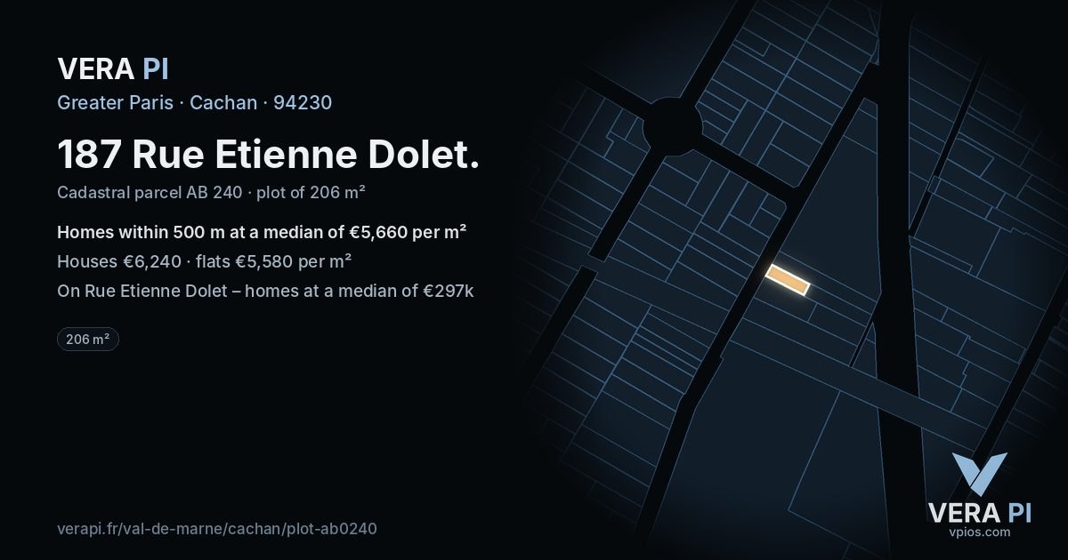 187 Rue Etienne Dolet, Cachan at night – the plot lit, the parcels around coloured by the prices near them