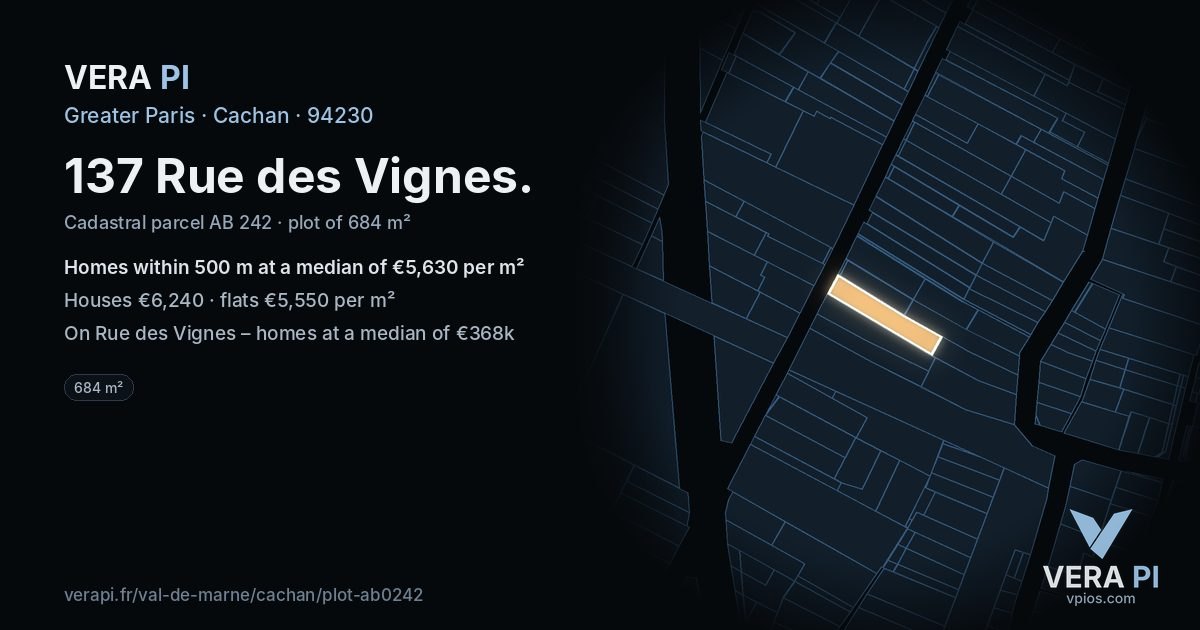 137 Rue des Vignes, Cachan at night – the plot lit, the parcels around coloured by the prices near them