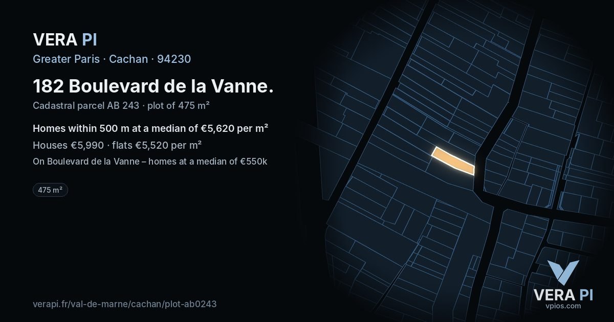 182 Boulevard de la Vanne, Cachan at night – the plot lit, the parcels around coloured by the prices near them