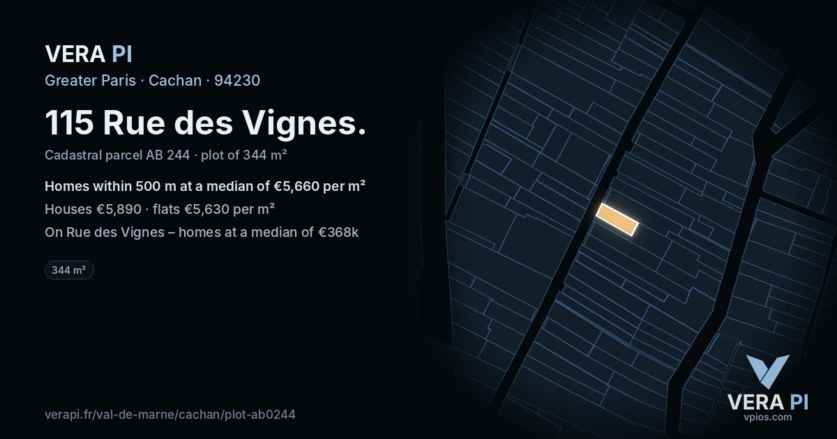115 Rue des Vignes, Cachan at night – the plot lit, the parcels around coloured by the prices near them
