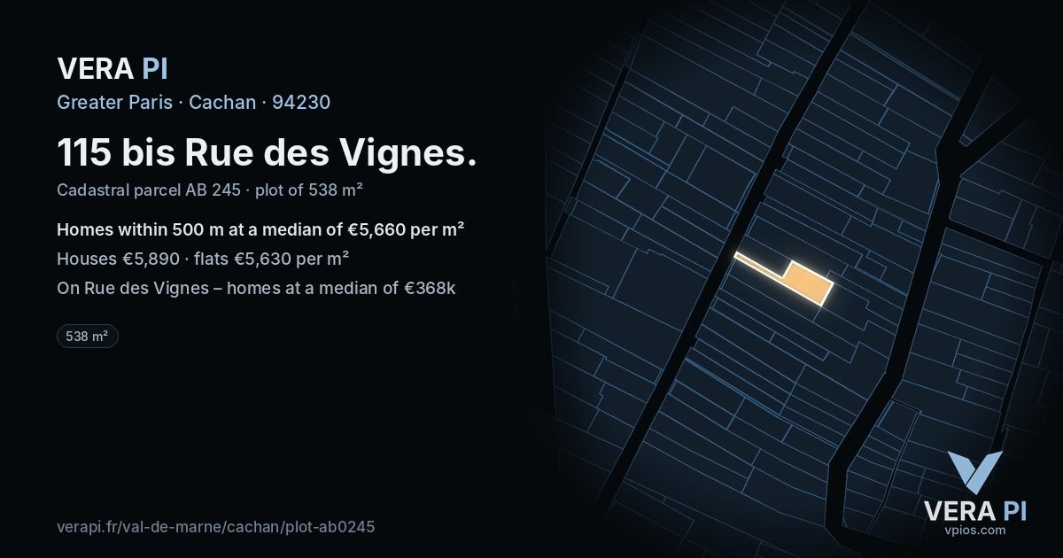 115 bis Rue des Vignes, Cachan at night – the plot lit, the parcels around coloured by the prices near them