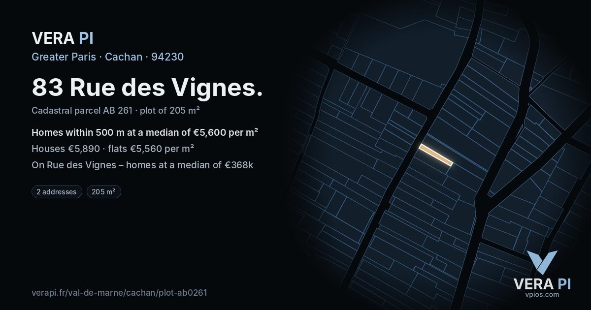 83 Rue des Vignes, Cachan at night – the plot lit, the parcels around coloured by the prices near them