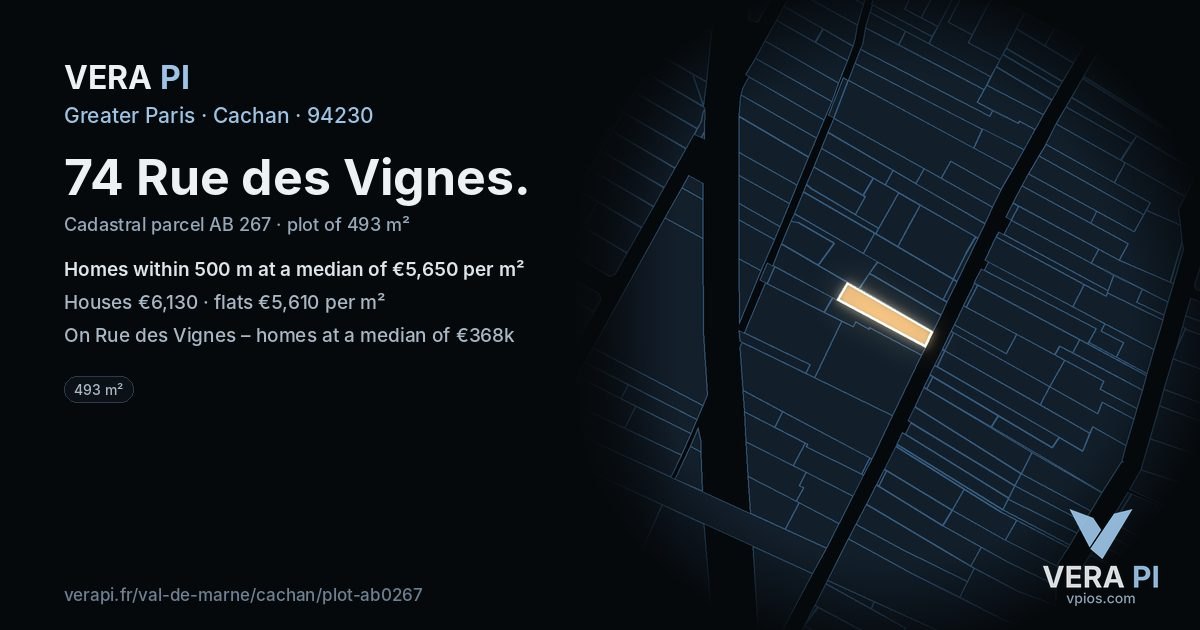 74 Rue des Vignes, Cachan at night – the plot lit, the parcels around coloured by the prices near them