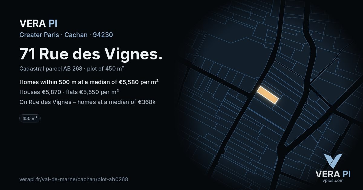 71 Rue des Vignes, Cachan at night – the plot lit, the parcels around coloured by the prices near them