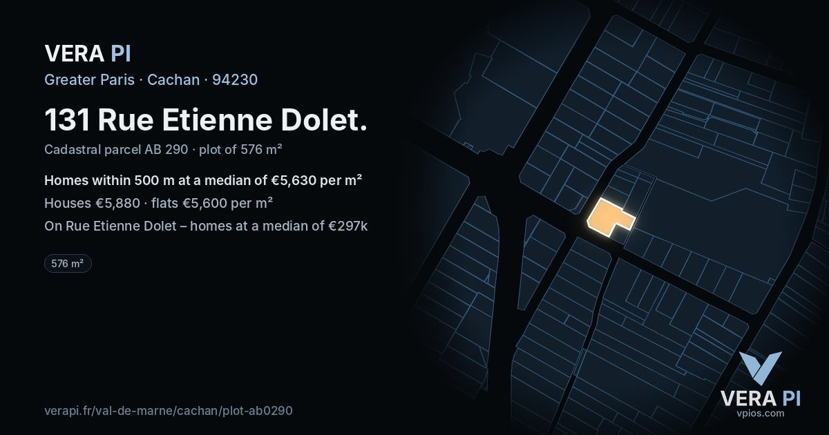 131 Rue Etienne Dolet, Cachan at night – the plot lit, the parcels around coloured by the prices near them