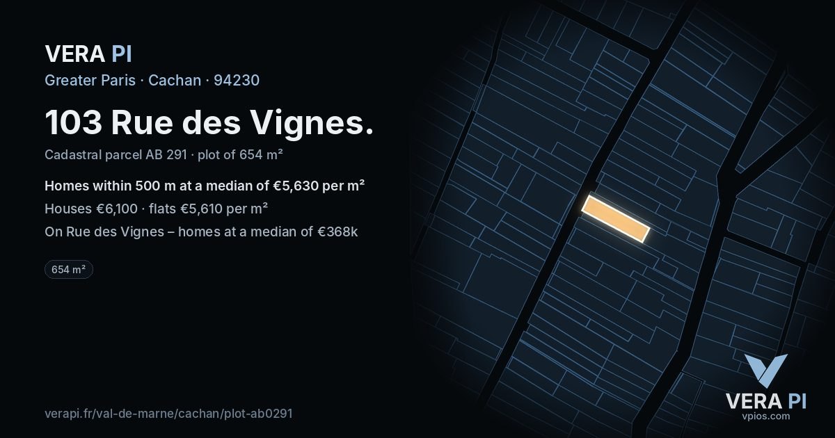 103 Rue des Vignes, Cachan at night – the plot lit, the parcels around coloured by the prices near them