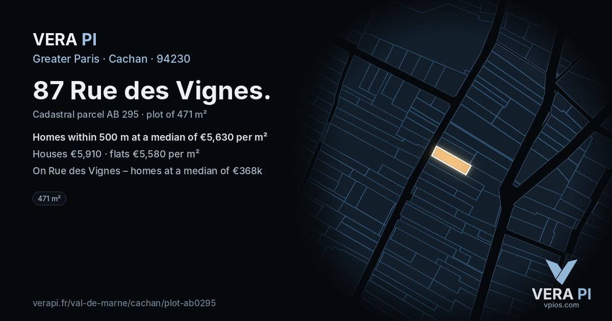 87 Rue des Vignes, Cachan at night – the plot lit, the parcels around coloured by the prices near them