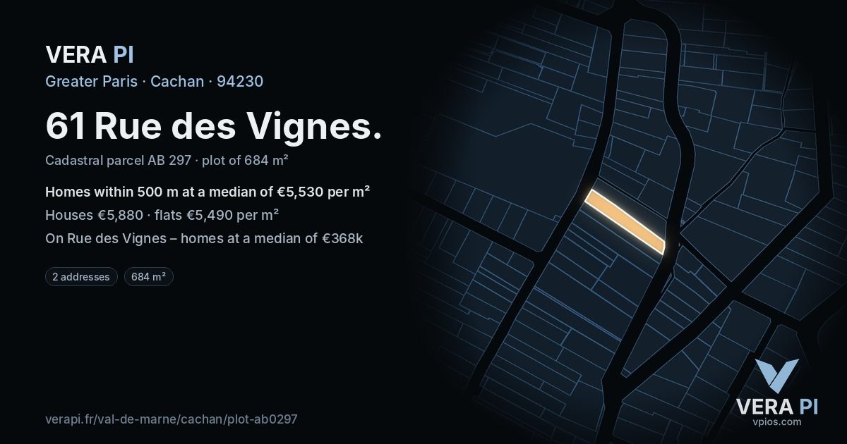 61 Rue des Vignes, Cachan at night – the plot lit, the parcels around coloured by the prices near them