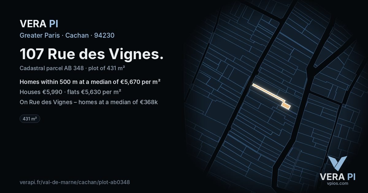107 Rue des Vignes, Cachan at night – the plot lit, the parcels around coloured by the prices near them