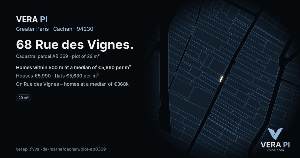 68 Rue des Vignes, Cachan at night – the plot lit, the parcels around coloured by the prices near them