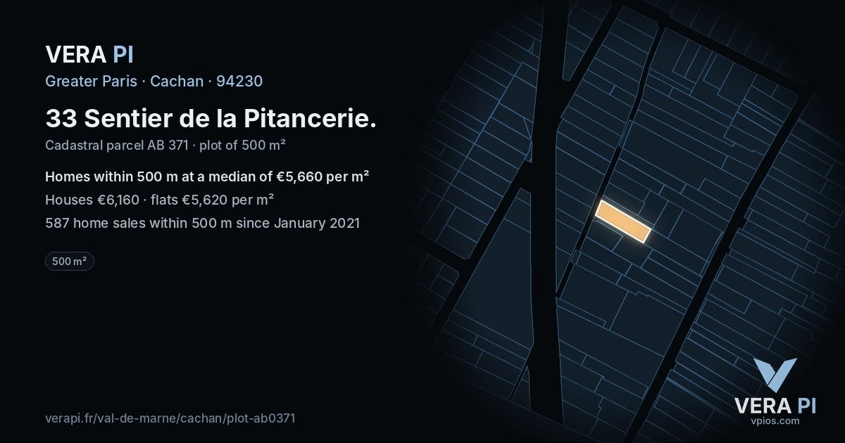 33 Sentier de la Pitancerie, Cachan at night – the plot lit, the parcels around coloured by the prices near them