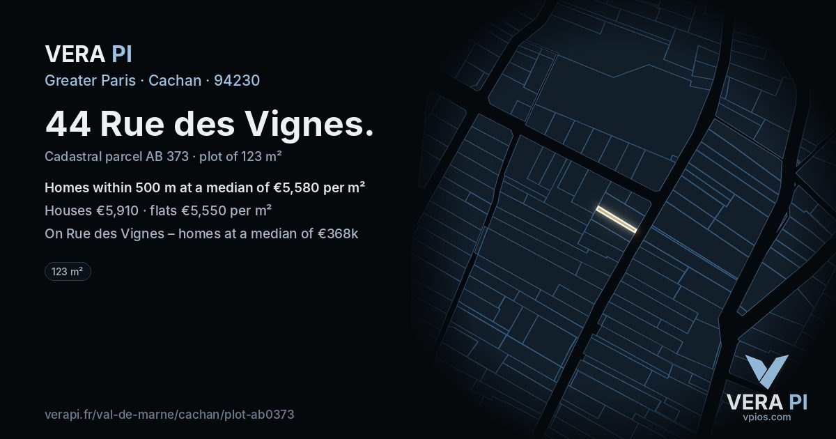 44 Rue des Vignes, Cachan at night – the plot lit, the parcels around coloured by the prices near them