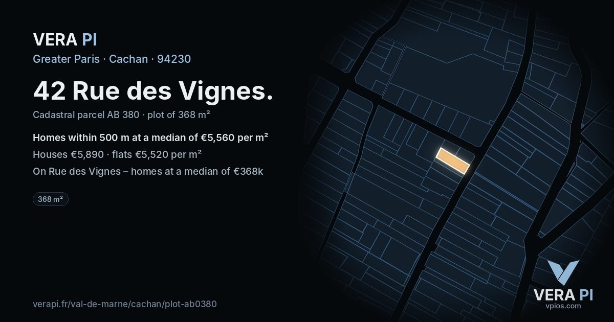 42 Rue des Vignes, Cachan at night – the plot lit, the parcels around coloured by the prices near them