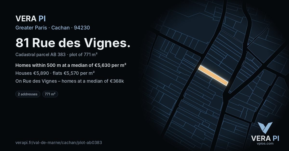81 Rue des Vignes, Cachan at night – the plot lit, the parcels around coloured by the prices near them