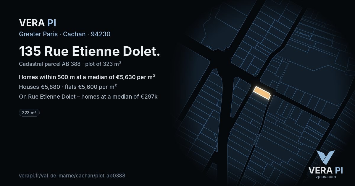 135 Rue Etienne Dolet, Cachan at night – the plot lit, the parcels around coloured by the prices near them