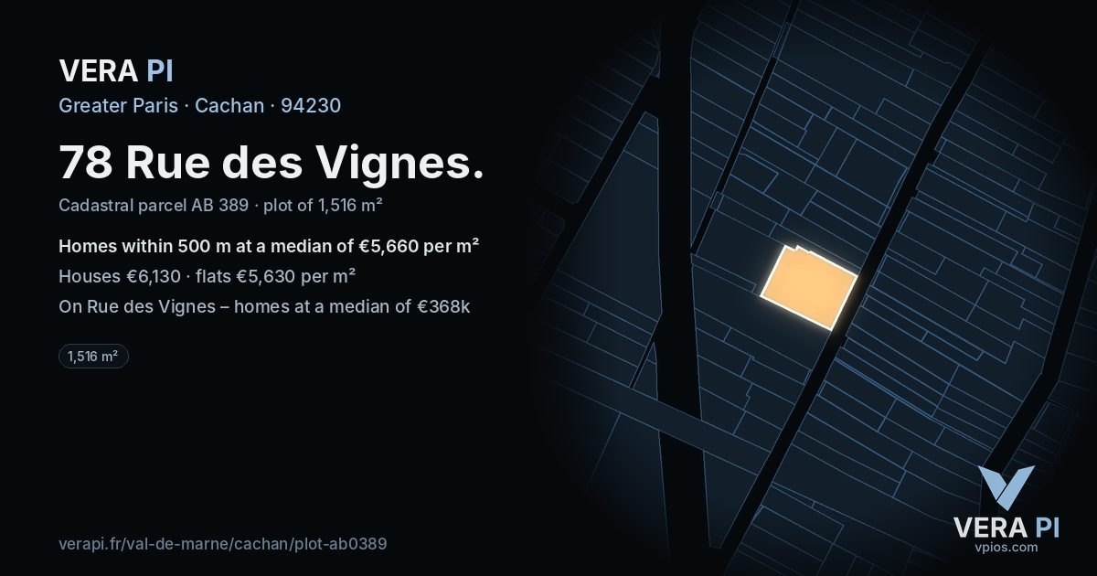 78 Rue des Vignes, Cachan at night – the plot lit, the parcels around coloured by the prices near them